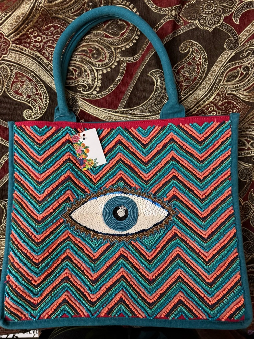 America & Beyond Beaded Teal and Coral Evil Eye Tote